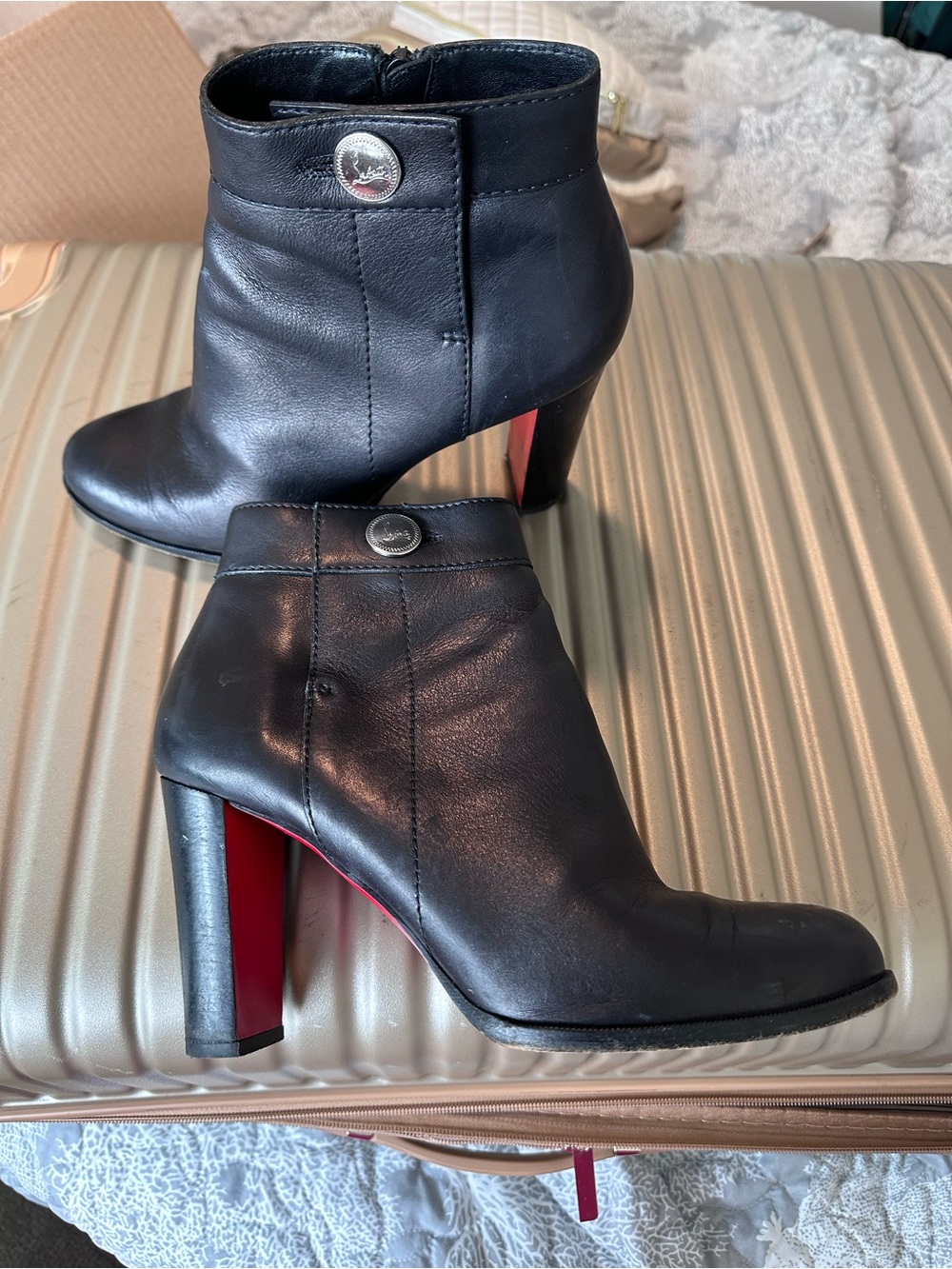 Black Leather Ankle Boots with Red Sole